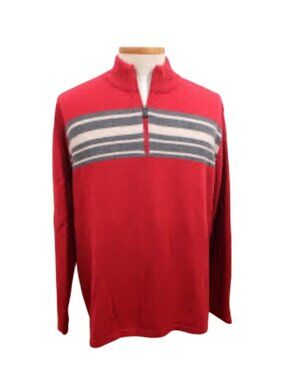 Eddie Bauer Mens Wool Blend Red Mock Neck 1/4 Zip Sweater With Gray Stripes XL